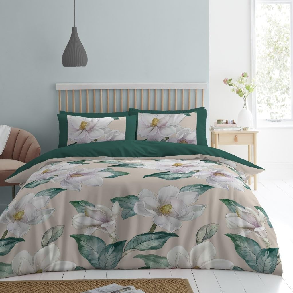 Lions Natural Floral Bedding Set - Microfibre Soft Printed King Size Duvet Cover With Matching Pillowcase - 100% Polyester Reversible Flowers Print Quilt Covers, 230X220cm