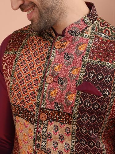 Image of KISAH Men's Ethnic Wear Regular Fit Cotton Blend Printed Kurta Churidar and Jacket Set