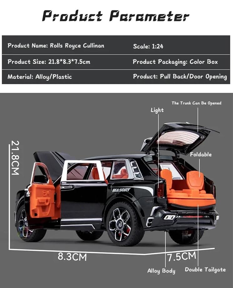 Image of Metal Pull Back Diecast Car Suv 1:24 Big Rolls Royce Cullinan Masory Pull Back Car Model With Sound Light Boys Gifts Toys For Kids?Pack Of 1?, Multicolor