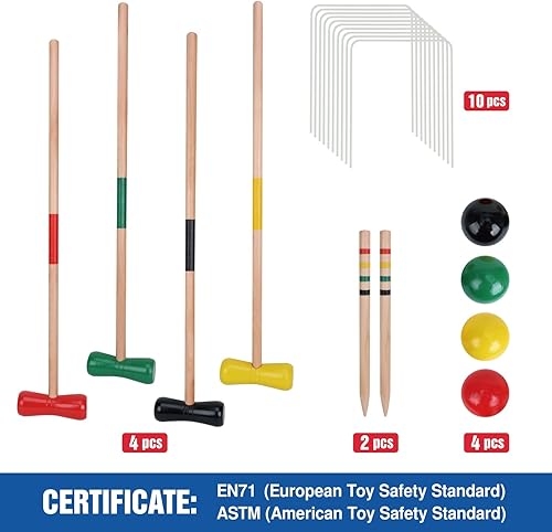 Miniatura 7 de GOTHINK Juego de croquet para 4 jugadores con bolas de madera para adultos y niños, juegos de verano al aire libre para escuela, campo, día de