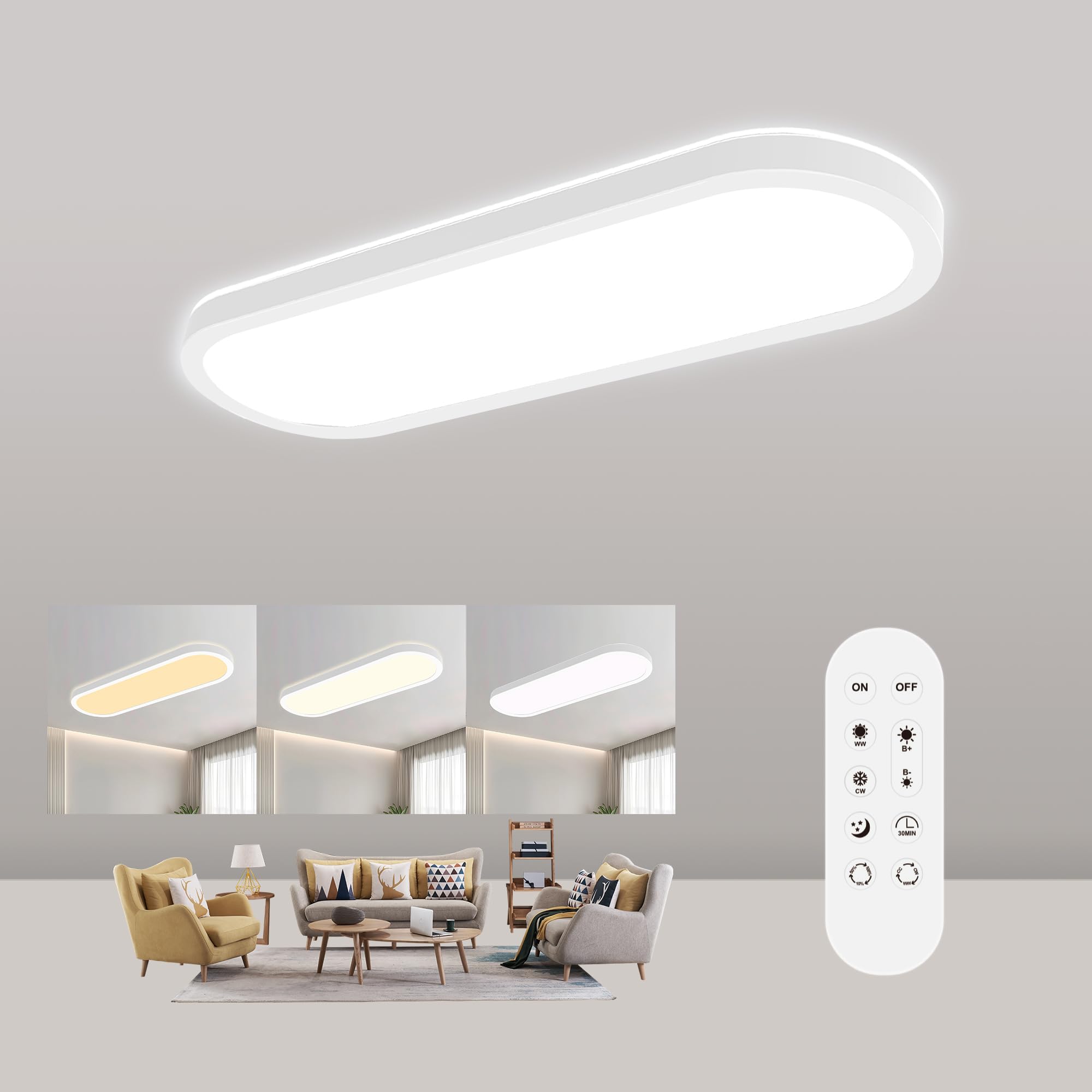 Goodjoo 24W LED Deckenleuchte Dimmbar mit Fernbedienung, 60x20cm 2700K-6500K Deckenlampe küche, 3100LM IP44 Oval Badezimmer lampe LED Panel for Wohnzimmer Schlafzimmer flur Büro, Ultra Dünn