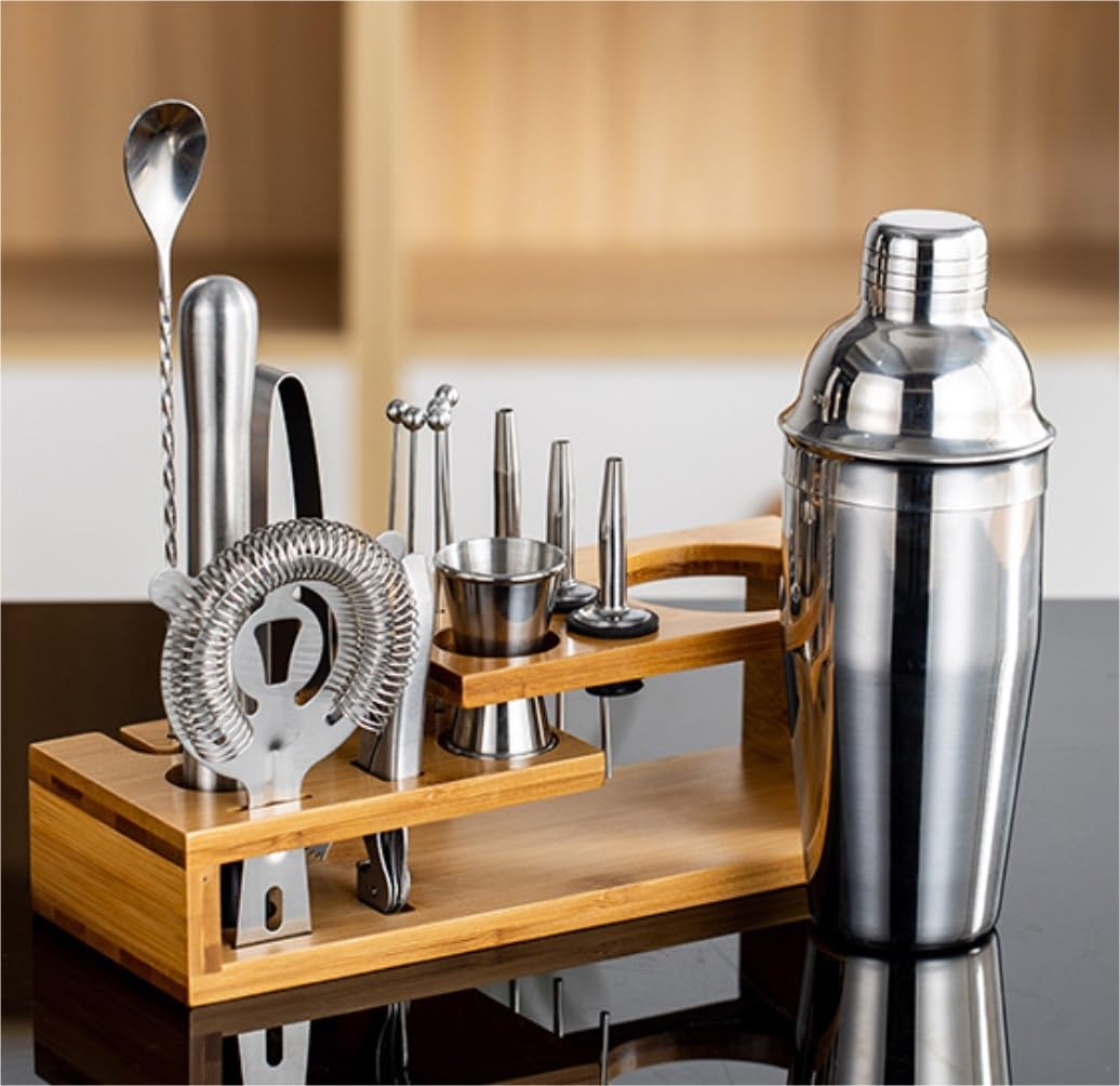 Juego de Cocktail Shaker Juego De Coctelera De 16 Piezas, Juego De Herramientas De Barra De Acero Inoxidable con Elegante Soporte De Bambú, Juego De Coctelera Coctelera Profesional Herramientas (Colo