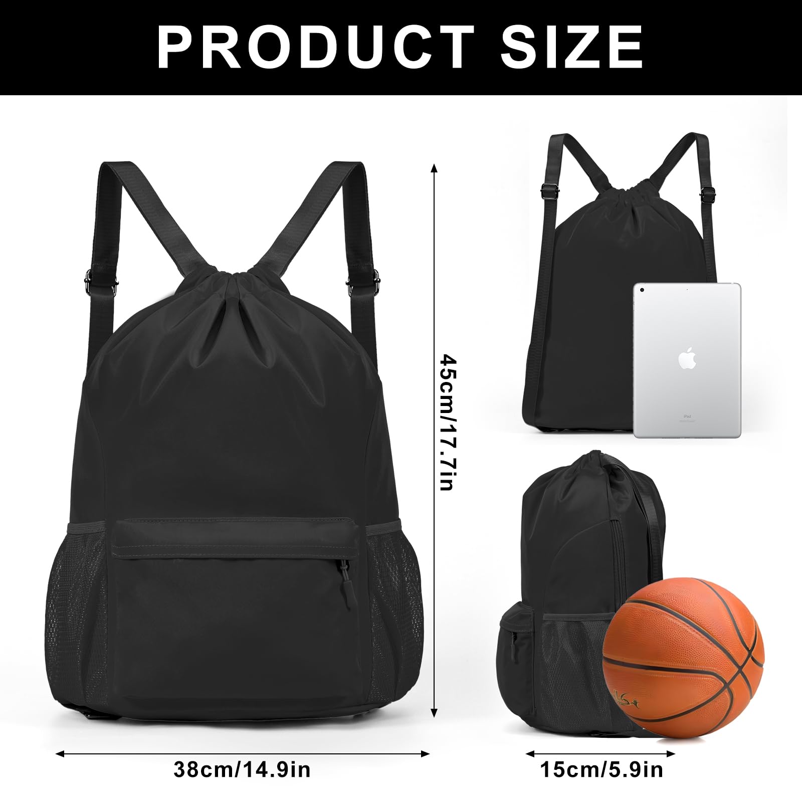 Mochila deportiva con cordón para gimnasio con cuerda grande resistente al agua, bolsillo lateral de malla para hombres y mujeres