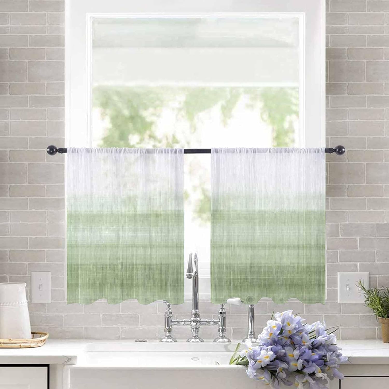 Abstract Sheer Curtains 54 Inches Long, Modern Art Ombre Sage Green Window Treatment Panels Light Filtering Rod Pocke Curtain Voile Drapes for Bedroom/Living Room Each 52" W x 54" L