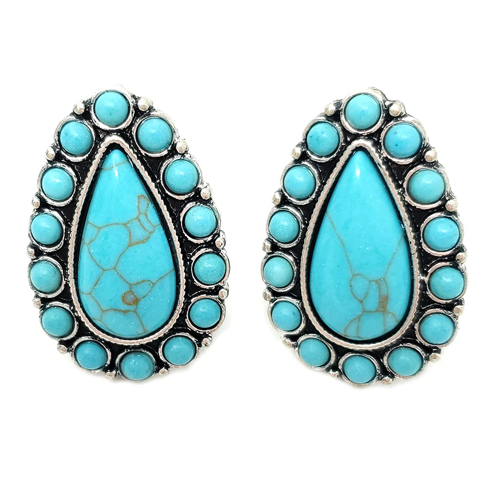 EmulilyWestern Turquoise Tear Drop Squash Blossom Clip-ons Earrings Navajo