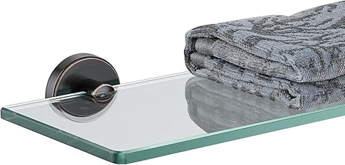 JQK TGS101L12-ORB - Estante de vidrio para baño de bronce aceitado, almacenamiento de ducha de vidrio templado de 12 x 5 pulgadas, montaje en pared