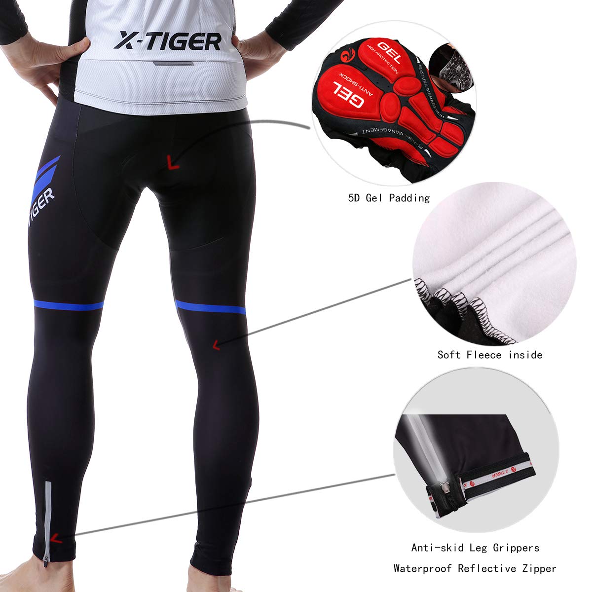 X-TIGER Ciclismo Inverno Termico Vello Completo Giacca Maglia Maniche Lunghe Maglietta Manica da Uomo 5D Gel Pantaloni Lunghi con Pettorina Set di Abbigliamento Ciclista