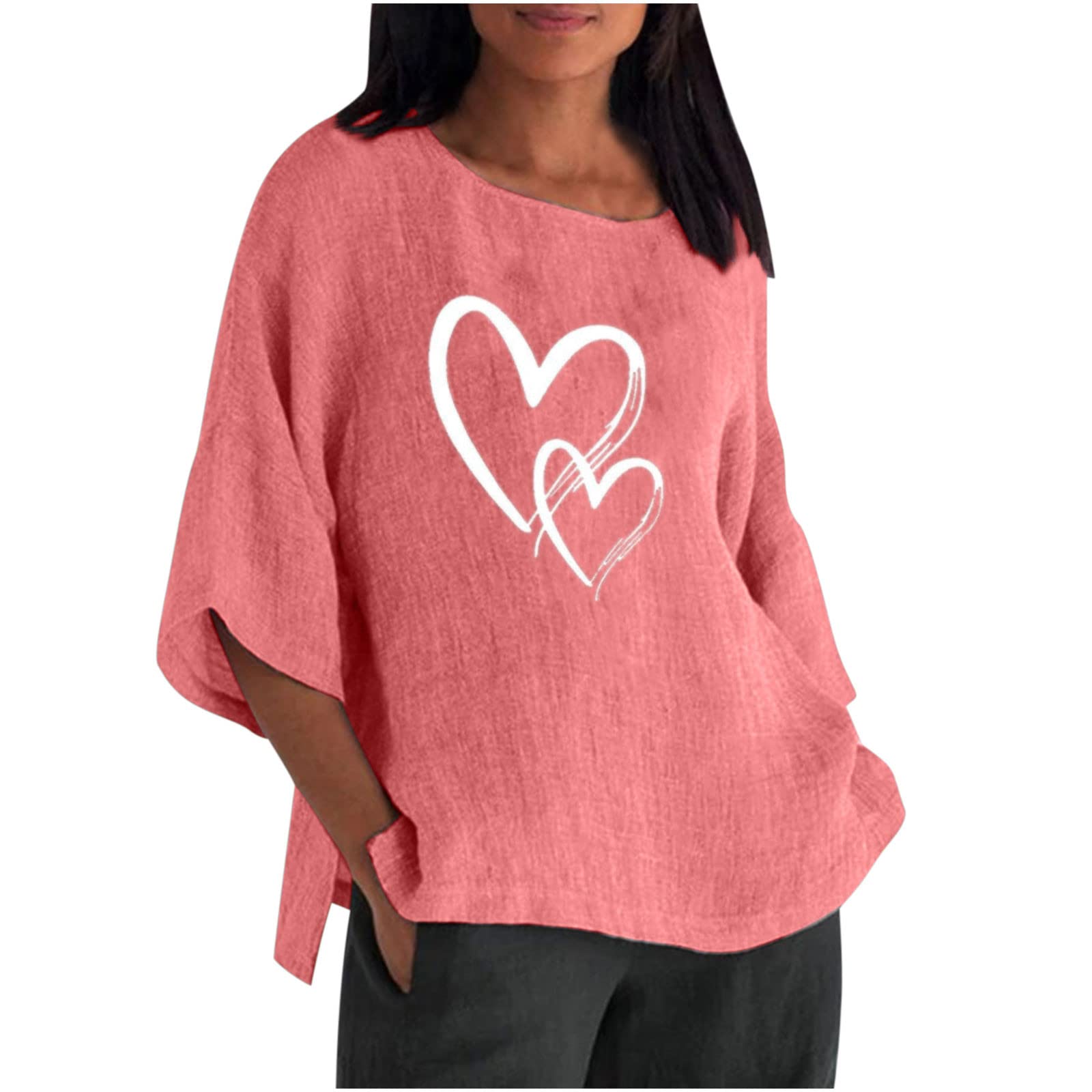 Women's Summer New Tops Sale Clearance Vintage Casual 3/4 Sleeve Crew Neck Cotton Linen Top Vintage Graphic Sexy Tunic Tops Ladies Retro 1850s Fancy Tops