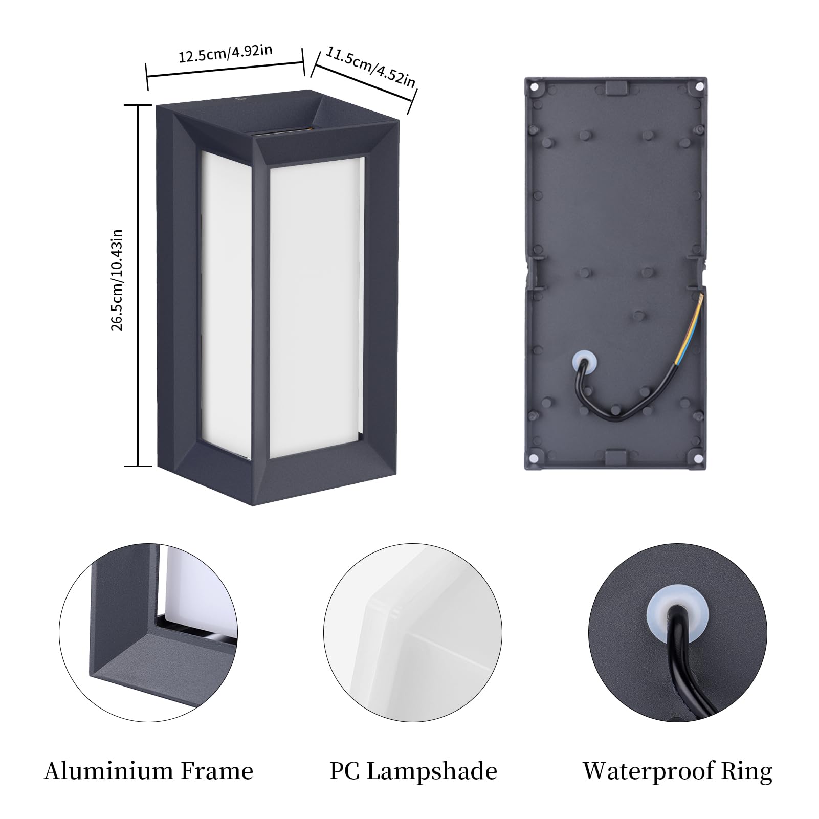 Klighten Applique da Parete E27 Esterno Interno, Max 60W, Luci da Parete Impermeabile IP65 Lampade da Parete Moderno per Ingresso Terrazza Corridoio, PC + Alluminio, Lampadina non Inclusa, Antracite | alluminio + PC, IP65 impermeabile, lampada da parete p