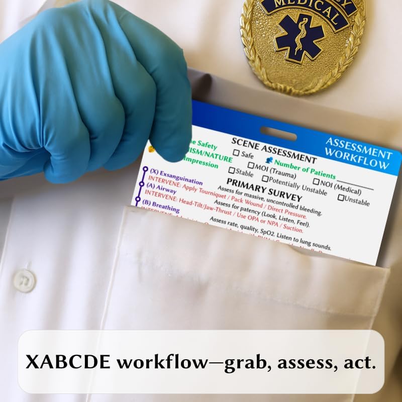 EMT Badge Cards & Pocket Guide with Retractable Reel - 8 Side Horizontal Set. Paramedic Flashcards for Assessment, Vitals, ECG & Pediatrics. PVC EMS Badge Buddy for First Responders