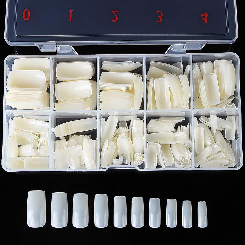 Bolt bee Square Nails Tips 500 Pcs False Acrylic Fingernails Full Cover French Artificial Nails Tip 10 Sizes with Box
