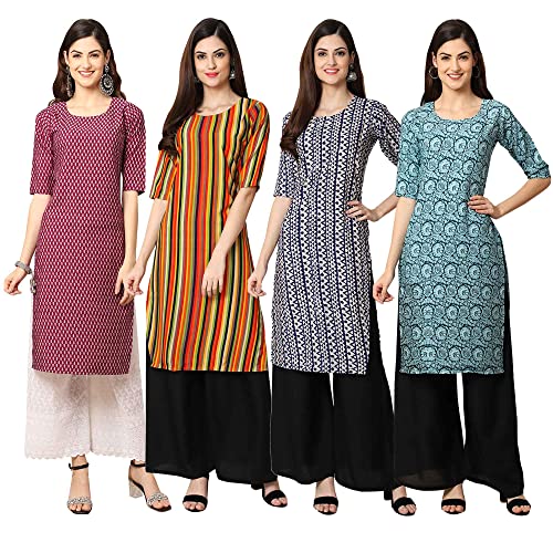 Image of Pinkmint Women's Crepe Digital Print Straight Kurta [Pack of 4] (CCV-334-338-339-335)