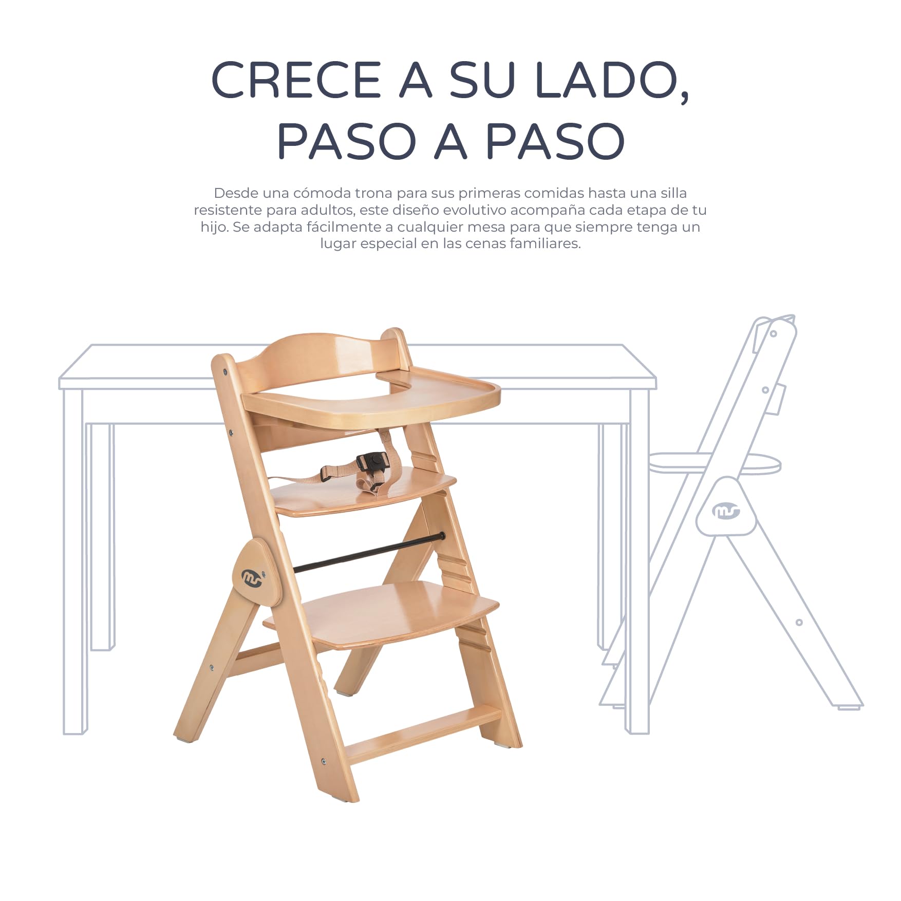 ms Trona para bebé de Madera Full PLEGABLE - Evolutiva- Silla Alta, Ergonómica, Regulable, Segura, Madera/Gris