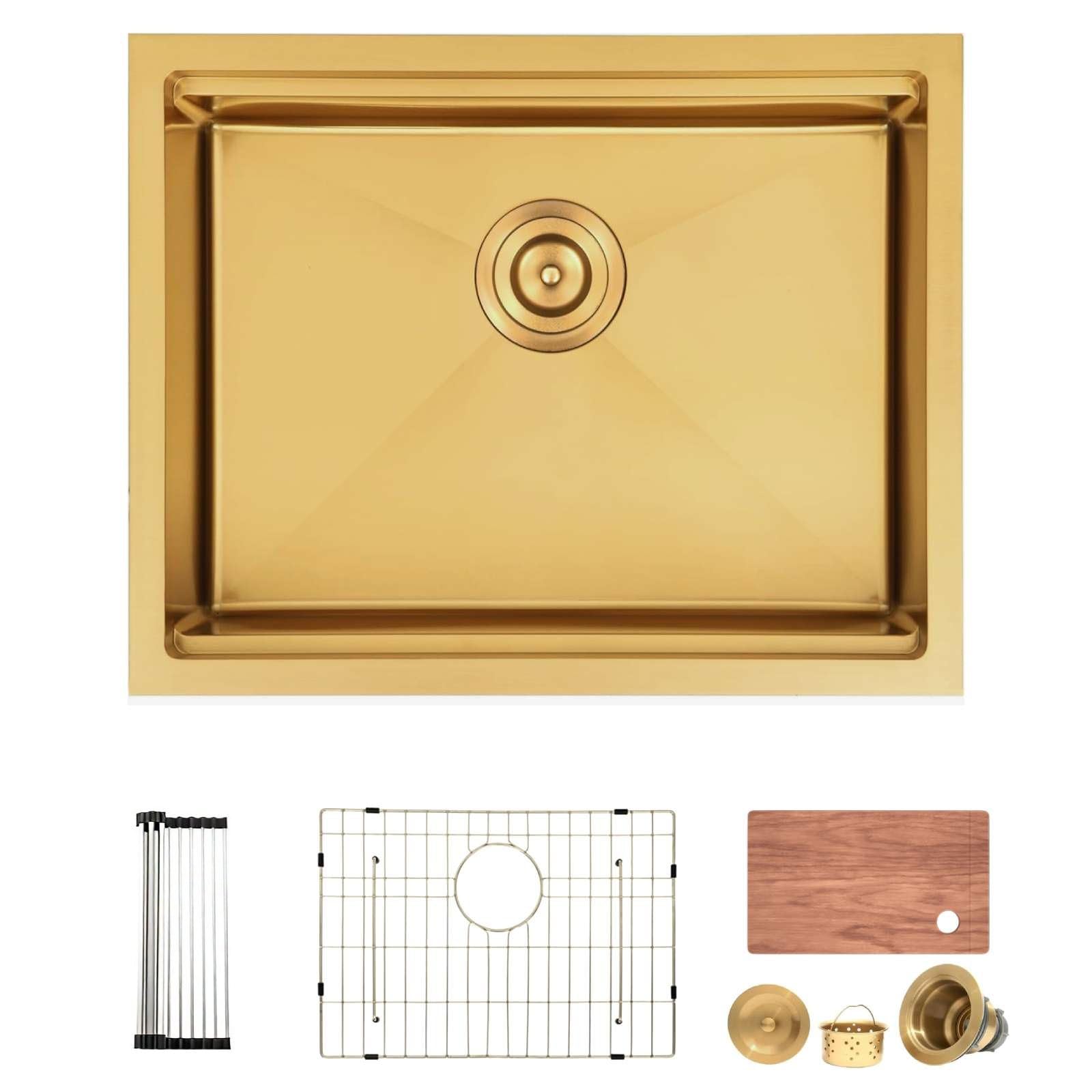 23in Gold Undermount Kitchen Sink: Stainless Steel Single Bowl Workstation