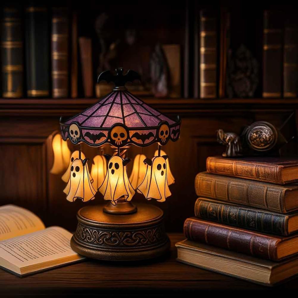 Ghost Carousel Light, Halloween Ghost Carousel Night Light Decor, USB Rechargeable, Vintage Carousel Decor with Floating Ghost, Halloween Lights Decorations for Indoor Home Party Kitchen Table