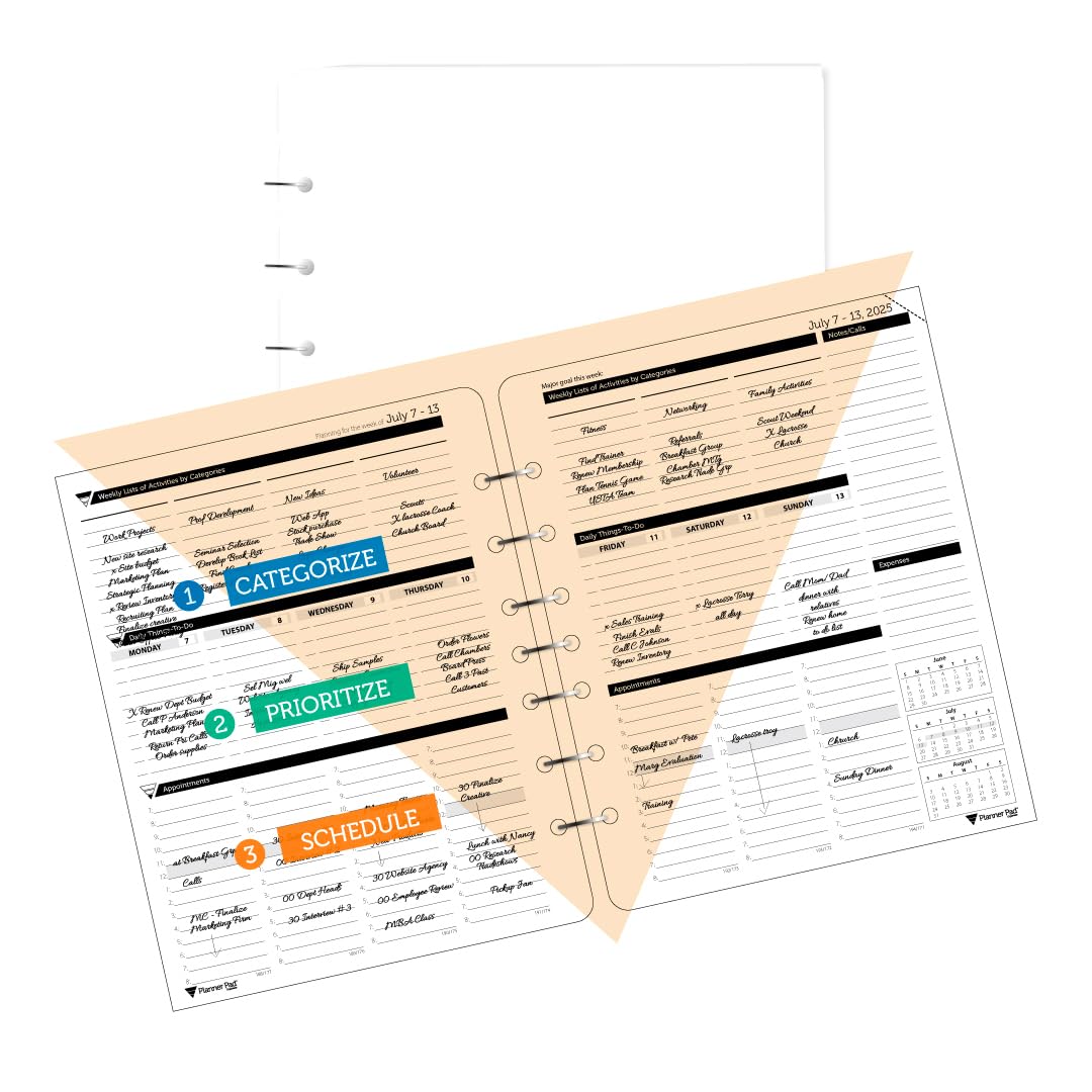 Planner Pad 7 Hole Loose Leaf 3-Tier Funnel Down 12 Month Organizer, July 2025 – June 2026 / Academic Year Black Ink, 6 3/4" x 8 1/2"