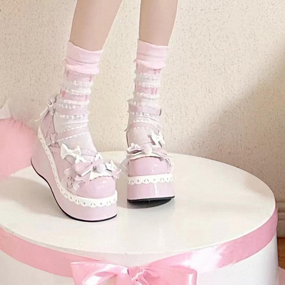 Femmes Lolita Mary Jane Chaussures Goth Bout Rond Chunky Plateforme Talon Dentelle Coloré Punk Rock Doux Kawaii avec JK Bulle Princesse Robe Demin Cuir Jupe Jeans