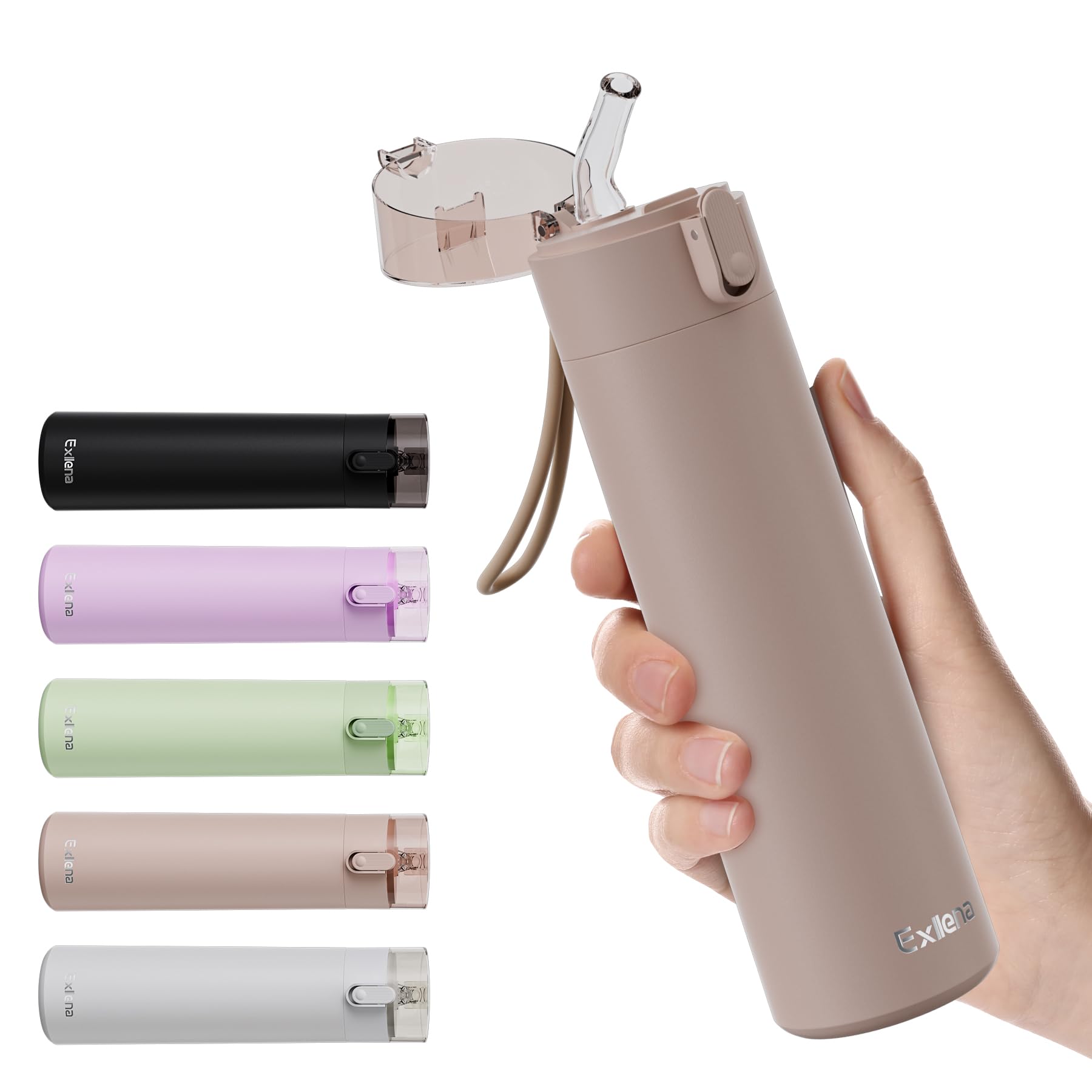 Exllena Small Water Bottle 270ml with Straw – Small Flask with One-Hand Open Design, Leak-Proof Locking Lid, 4-6 Hours Hot/Cold Retention and Portable for Coffee, Milk, or Any Beverage(Brown)