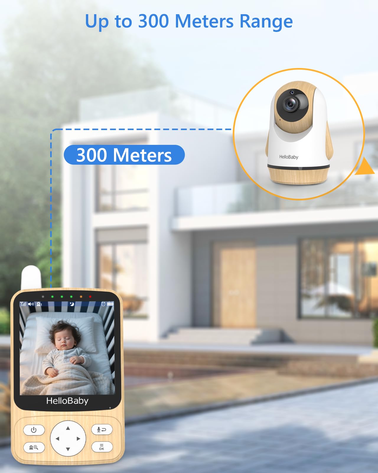 HelloBaby Babyphone Caméra sans WiFi ，Ondes PTZ 4" Vision Nocturne, Autonomie 26h (2800mAh), Portée 300m, Alerte Température and Pleurs, Montage Murale,Voyage
