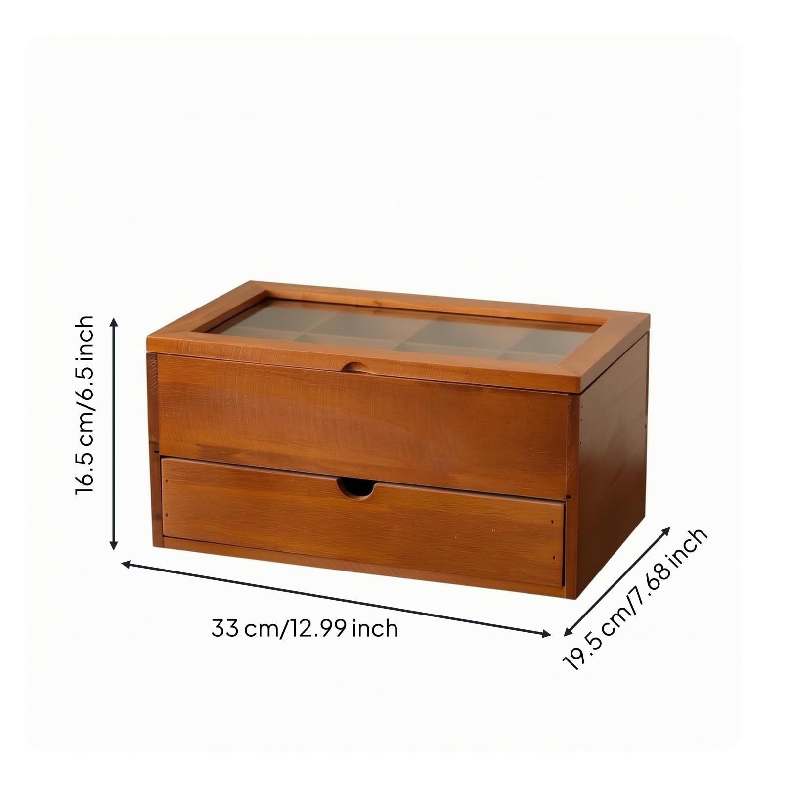 perfk Boîte de Rangement Thé en Bois Organiseur Thé à Deux Niveaux Coffret avec Tiroir Boîte à Sachets Couvercle Transparent Bois Massif Utilisation Pratique Rangement Maison Bureau, Bois Foncé