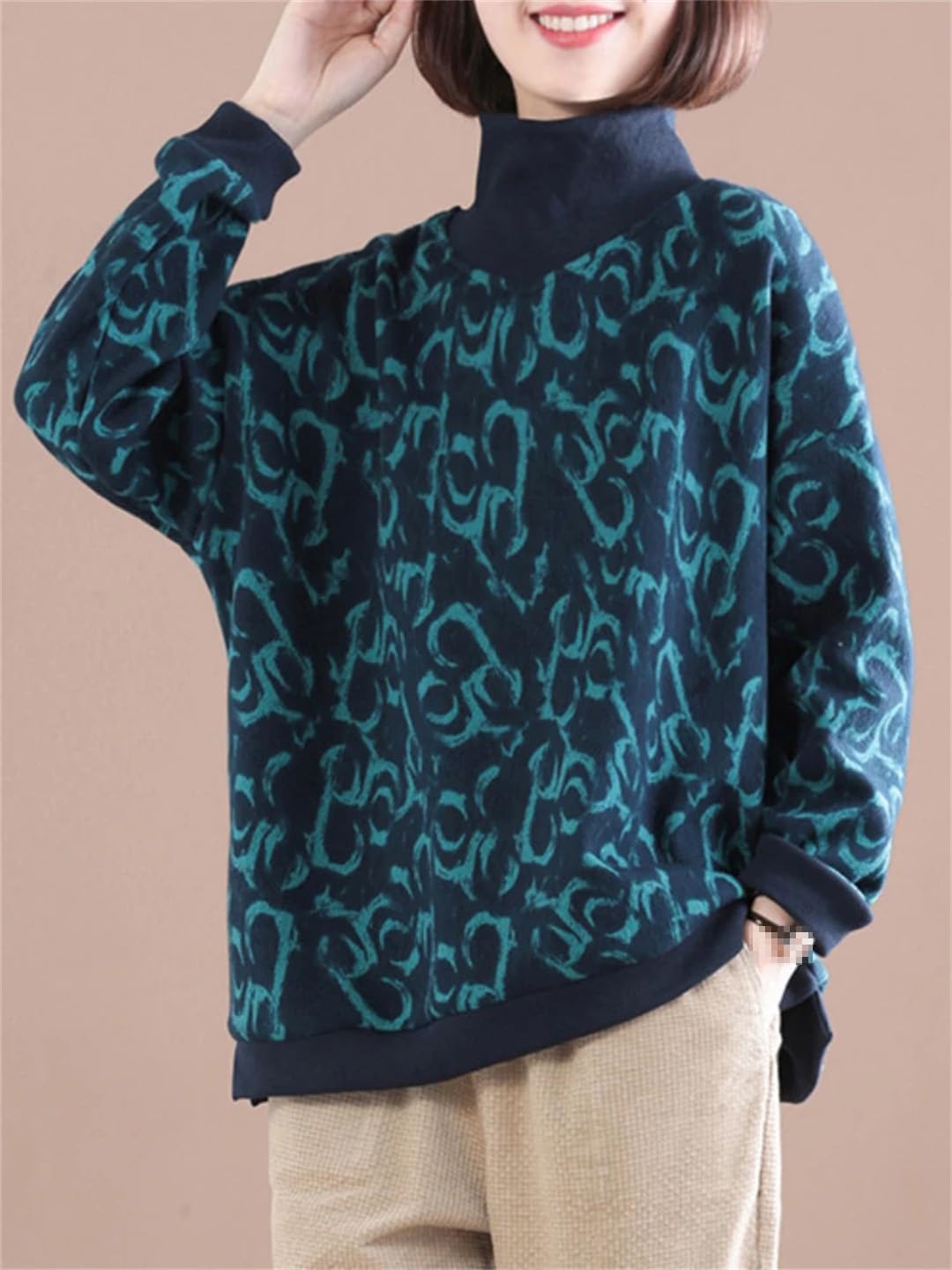 Zimowy damski sweter ciepły retro nadruk grube bluzy luźne topy z długim rękawem