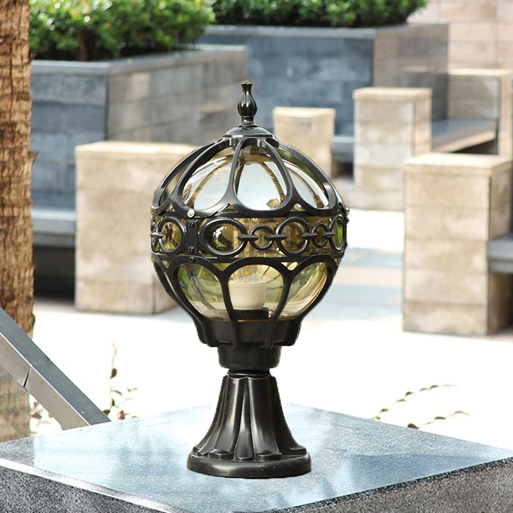 Luces de columna al aire libre de estilo europeo Lámpara de base rústica en cristal antiguo IP23 impermeable E27 jardín columna lámpara de aluminio globo paisaje iluminación (Black)