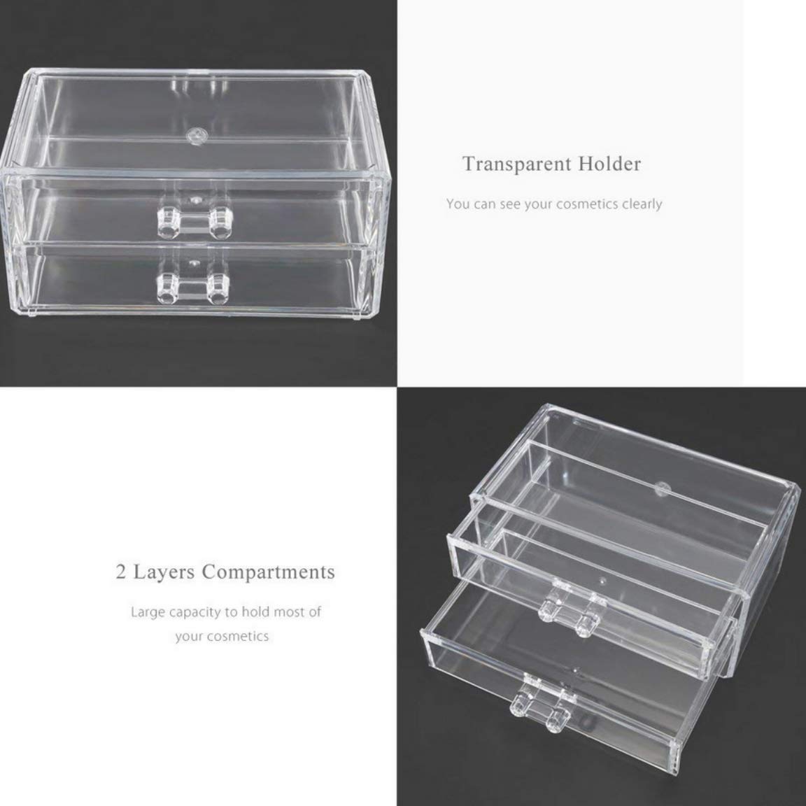 Momentum Brands Clear Acrylic Deluxe 2 Drawer Makeup Jewelry Box Organizer 9x4x5.25