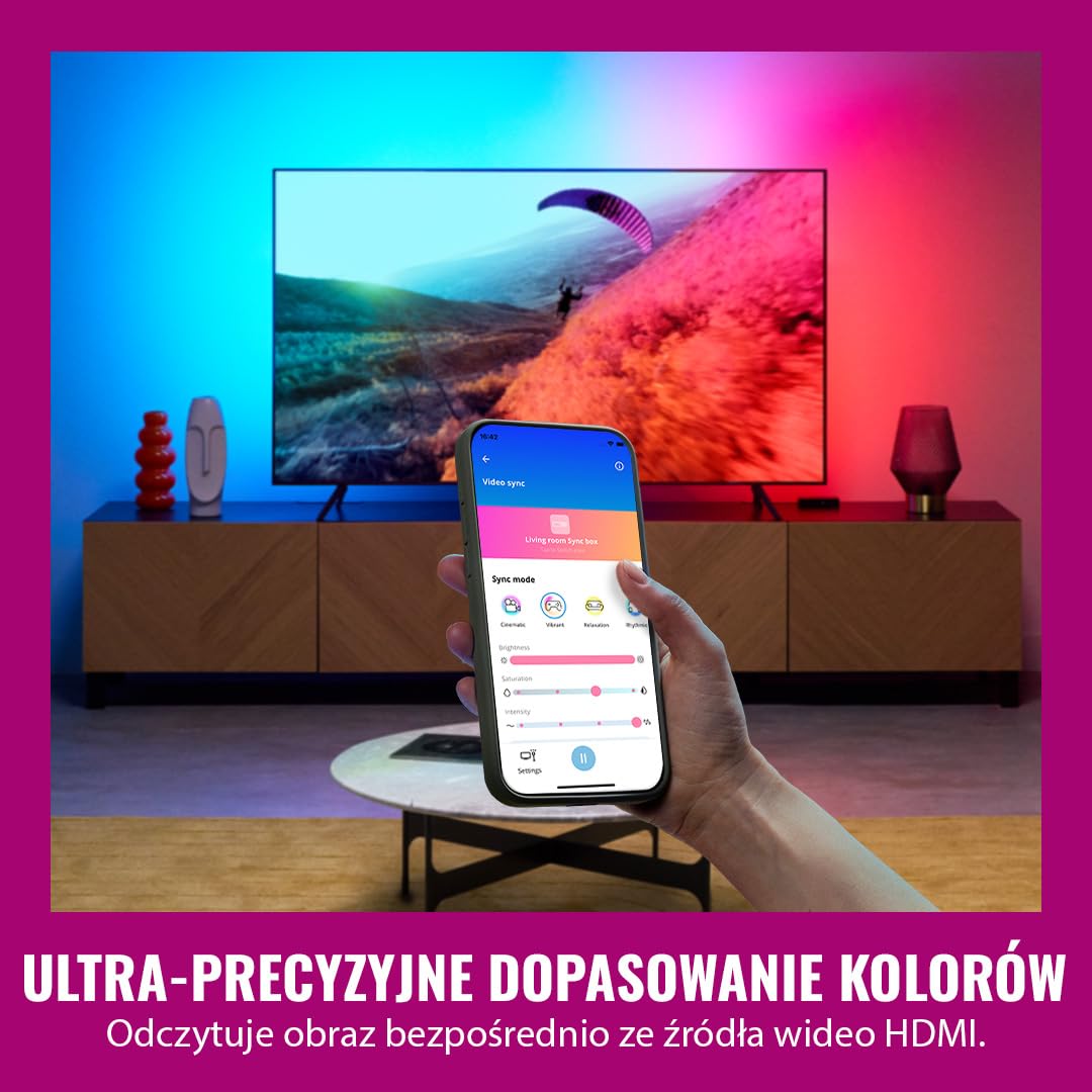 WiZ HDMI Sync Box z taśmą LED do TV, Synchronizuje światło z filmami, HDMI 2.0 Obsługuje 4K przy 60 Hz, Taśma LED RGBIC do telewizorów 55-65 cali, Sterowanie Aplikacją/Głosowe, Działa z Google i Alexą