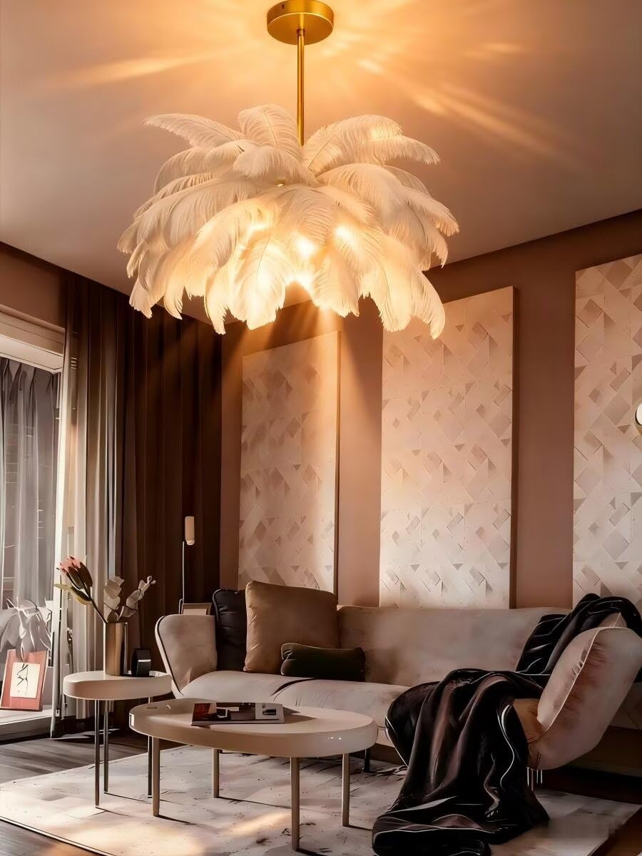 AstrizLamp Feather Chandelier, White Fluffy Lampshade Modern LED Pendant Light 6-Lights 4500K, Naturel Feather Ceiling Light, for Living Room Bedroom Kids Room Home Creative Decor, φ-85cm