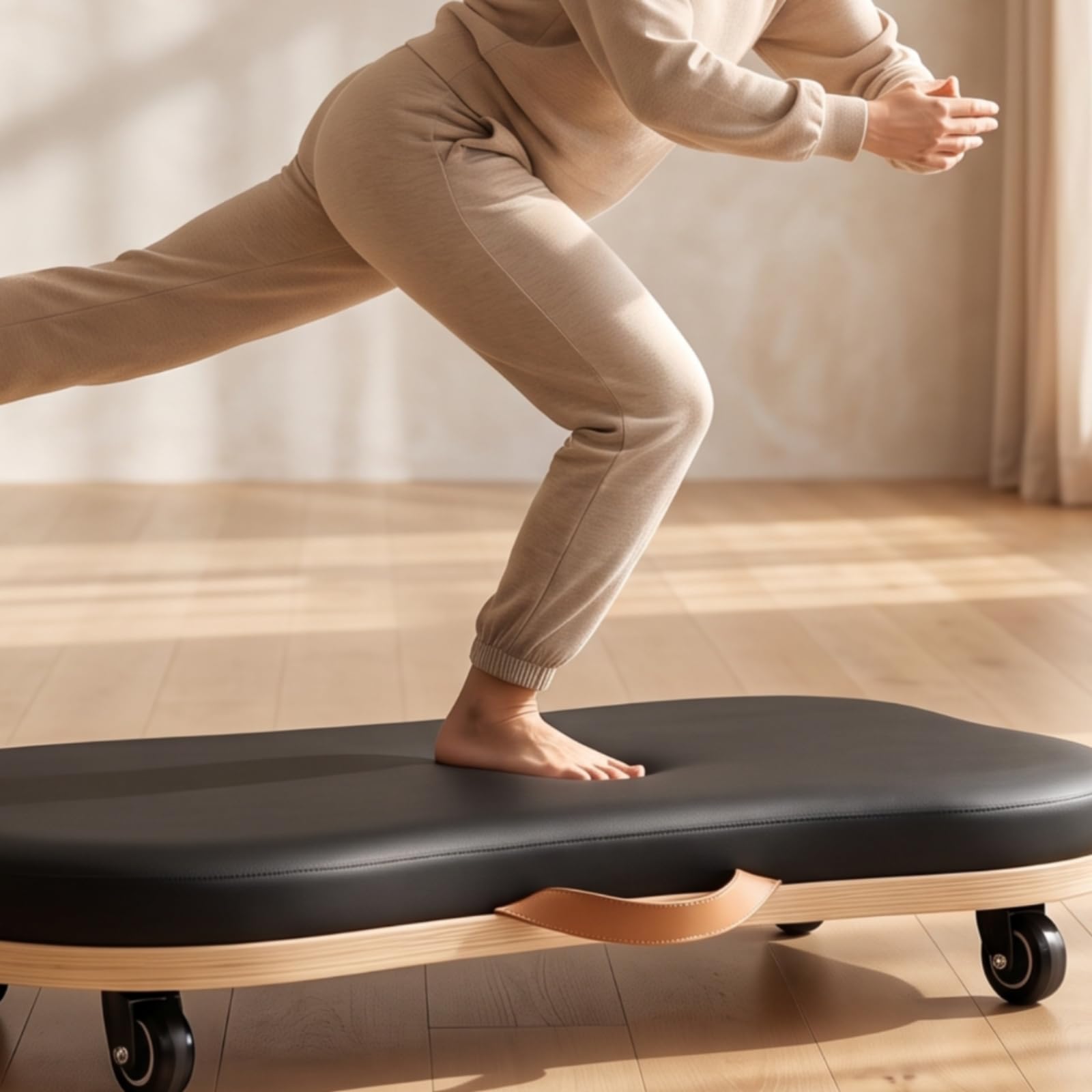 harayaa Tavola Pilates Tavola di Equilibrio Piattaforma Bilanciamento Pedana Oscillante con Ruote a Scorrimento E Maniglia Integrata in Rovere con Imbottitura