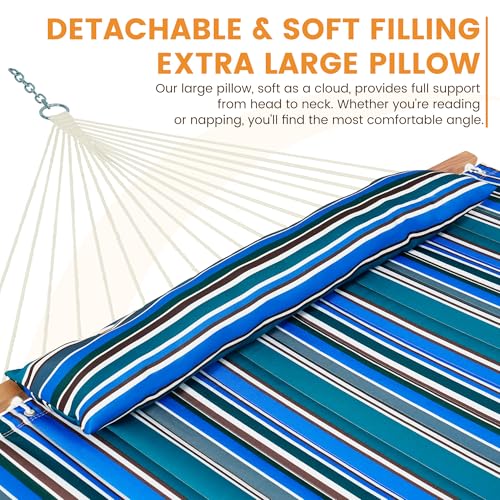 Image of Lazy Daze Hammocks 12 FT Quilted Fabric Double Hammock with Spreader Bars, Detachable Pillow and Carabiners, 450lbs Weight Capacity, Peacock Green Stripes