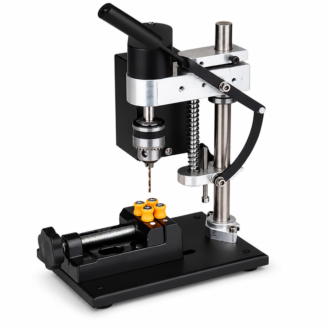 VOBOR Mini Taladro Columna, Ajuste Altura de 50mm, 200W Taladro de Banco Eléctrico Ajustable de 7 Velocidades, Taladro de Prensa Vertical para Taladrado Directo de Metal, Madera
