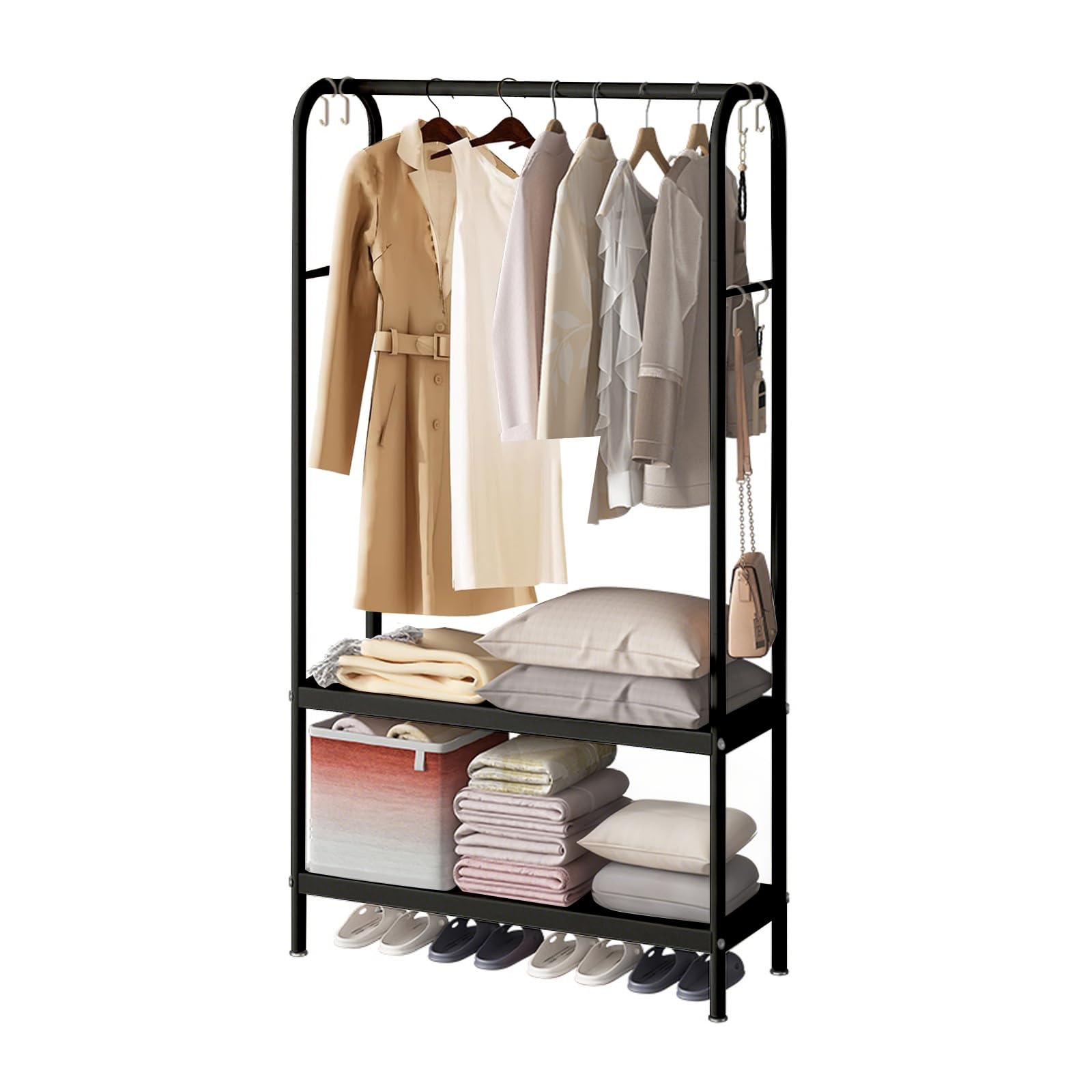 Zstar Appendiabiti in metallo per appendere vestiti, con ripiani a 2 livelli, 6 ganci, per negozio, camera da letto, spogliatoio, 80 x 33 x 172 cm, nero