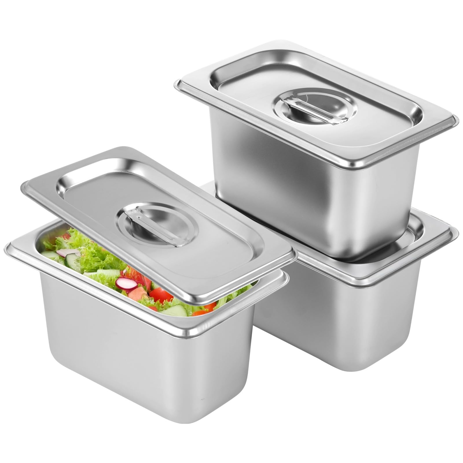 3 Stk. GN 1/9 Behälter mit Deckel, Edelstahl Gastronormbehälter für Speisen, Gastro-Schalen für Bain-Marie und Vorbereitungsstationen, Warm- und Kalthalteboxen für Buffet, Catering und Restaurant
