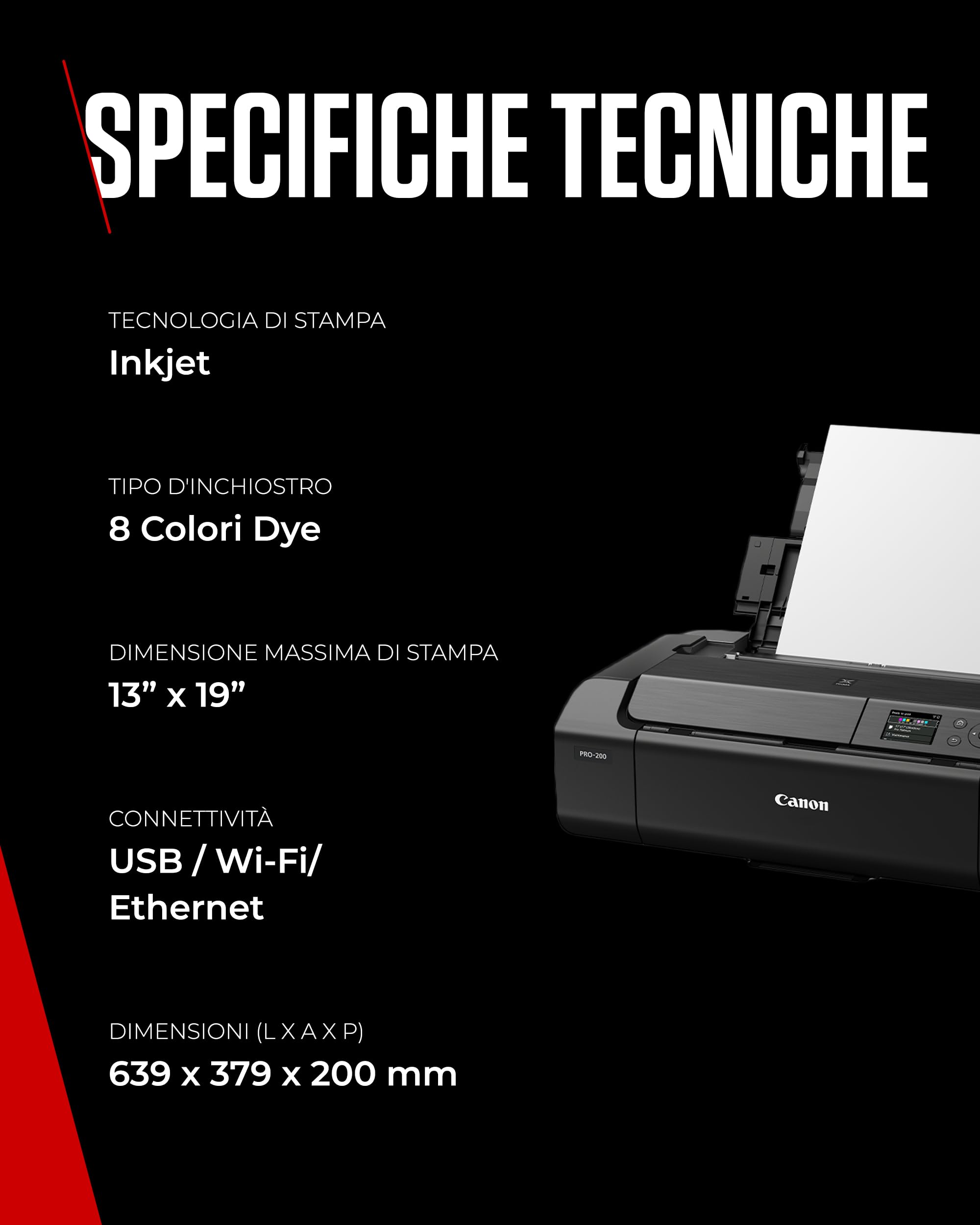 Canon PIXMA PRO-200 - Stampante a Colori A3+, stampa fotografica lucida, 4.800 x 2.400 dpi, Wi-Fi, USB 2.0, WiFi, LAN, 8 inchiostri separati, nero