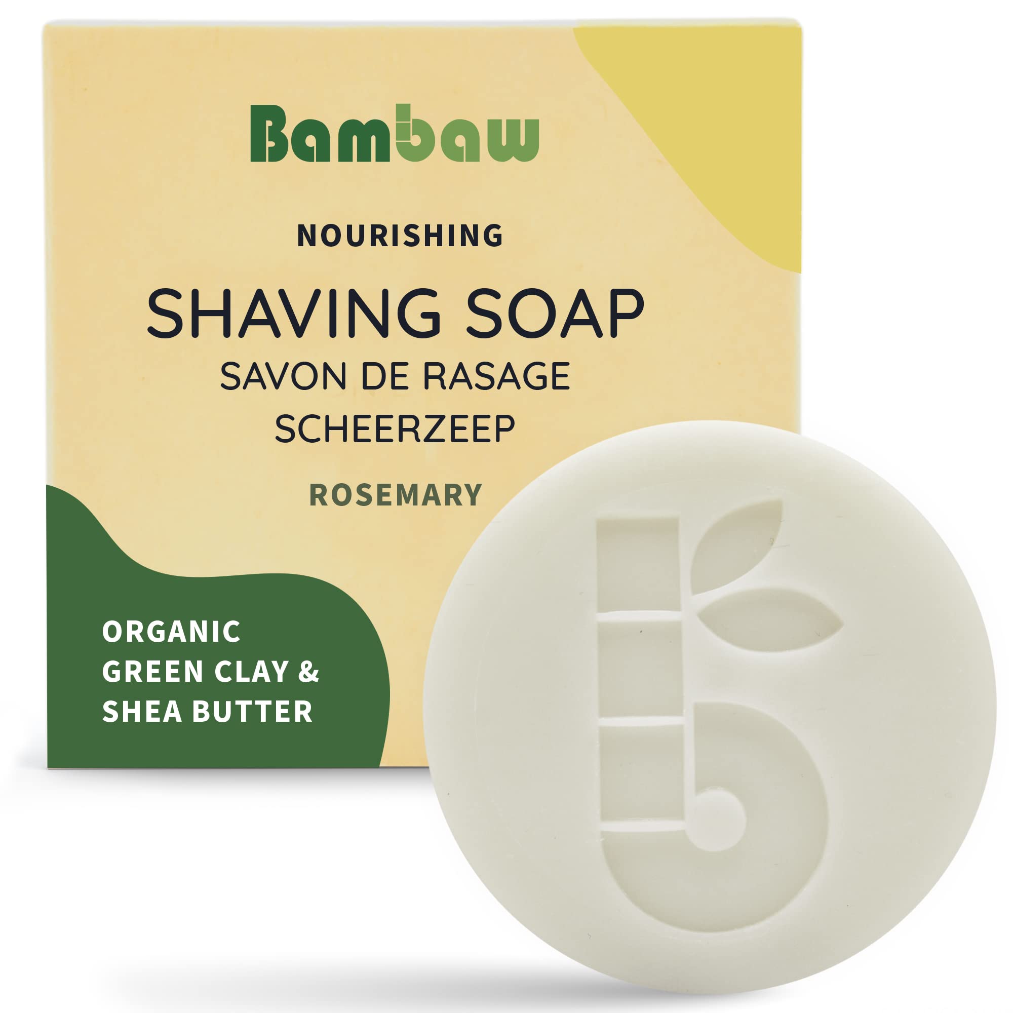 Bambaw | Shaving Soap Men | 2.5 oz | Green Clay & Shea Butter Shaving Soap Puck | Shave Bar for Skin Protection | Natural Shave Soap for Men | Palm Oil Free Soap | Rosemary Shaving Bar