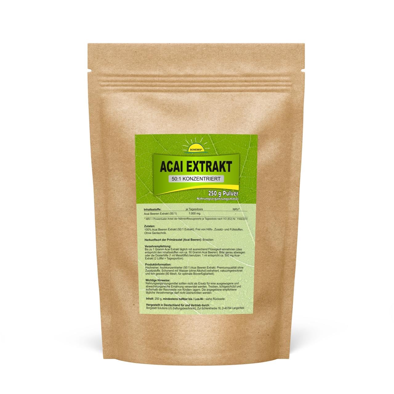 Acai Extrakt (50:1 hochkonzentriert), ohne Zusätze, 250 g veganes Pulver im Beutel