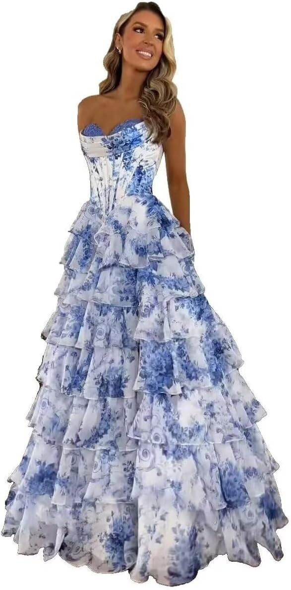 Floral Print Tiered Prom Dresses Long Ball Gown 2025 Strapless Tulle Lace Formal Evening Gowns with Slit