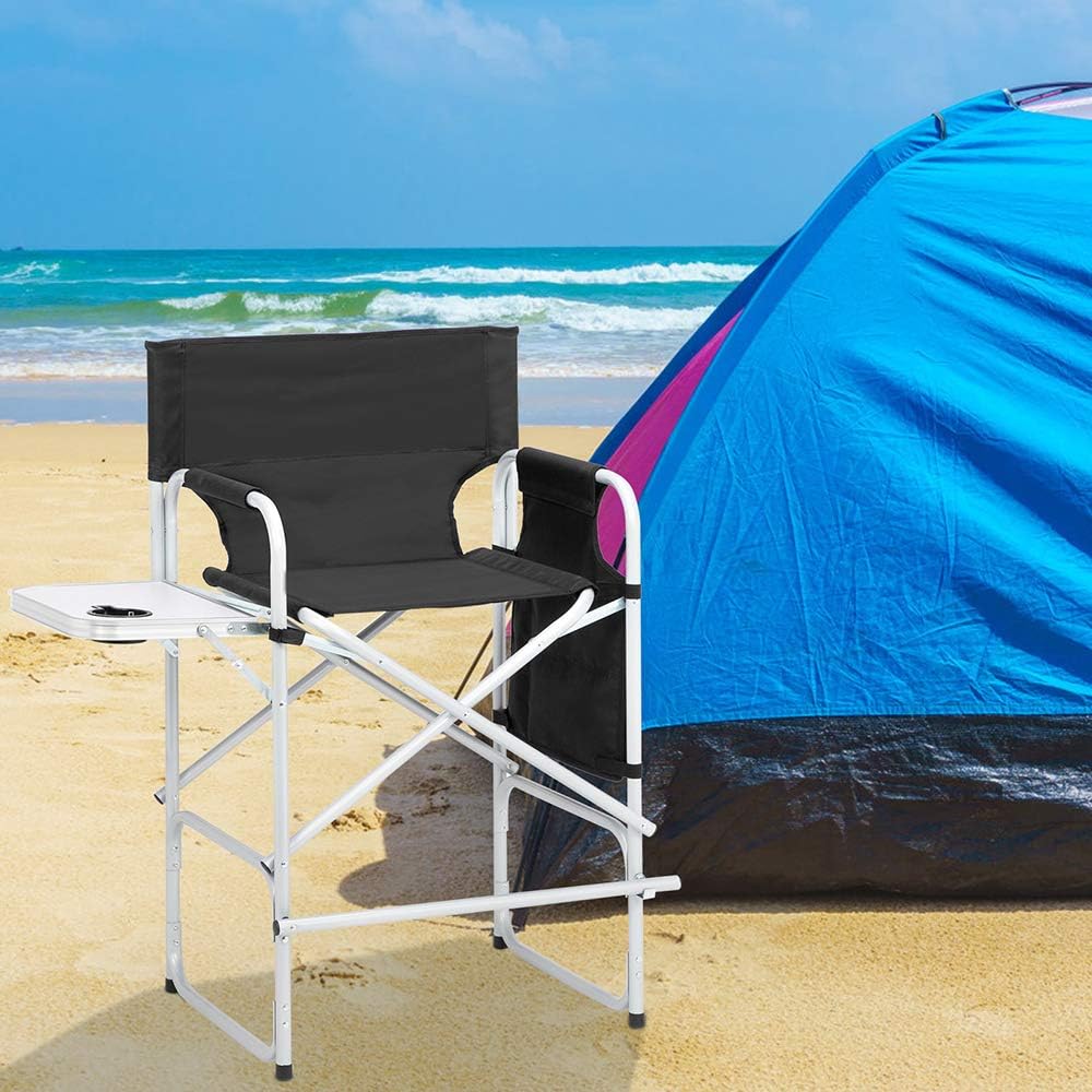 26" Tall Folding Directors Chair with Side Table,Portable Makeup Artist Chair Bar Height Portable Makeup Artist Bar Height, Steel Frame 300 lbs Capacity, 19.3" D x 23.7" W x 41.4" H