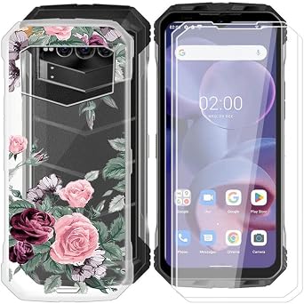 for Doogee V Max Case, Shockproof Protection Case, Ultra-Thin Soft Silicone Anti-Scratch Cover + 2 Pack Tempered Glass Screen Protector for Doogee V Max 6.58" - Rose Flower