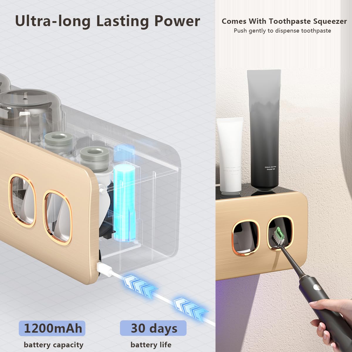 LANMOU Desinfectante UV para Cepillos de Dientes Soporte de Cepillo de Dientes Familiar Montado en la Pared con Esterilizador y Función de Secado, Portacepillos Eléctricos con 3 Vasos (Grey White)