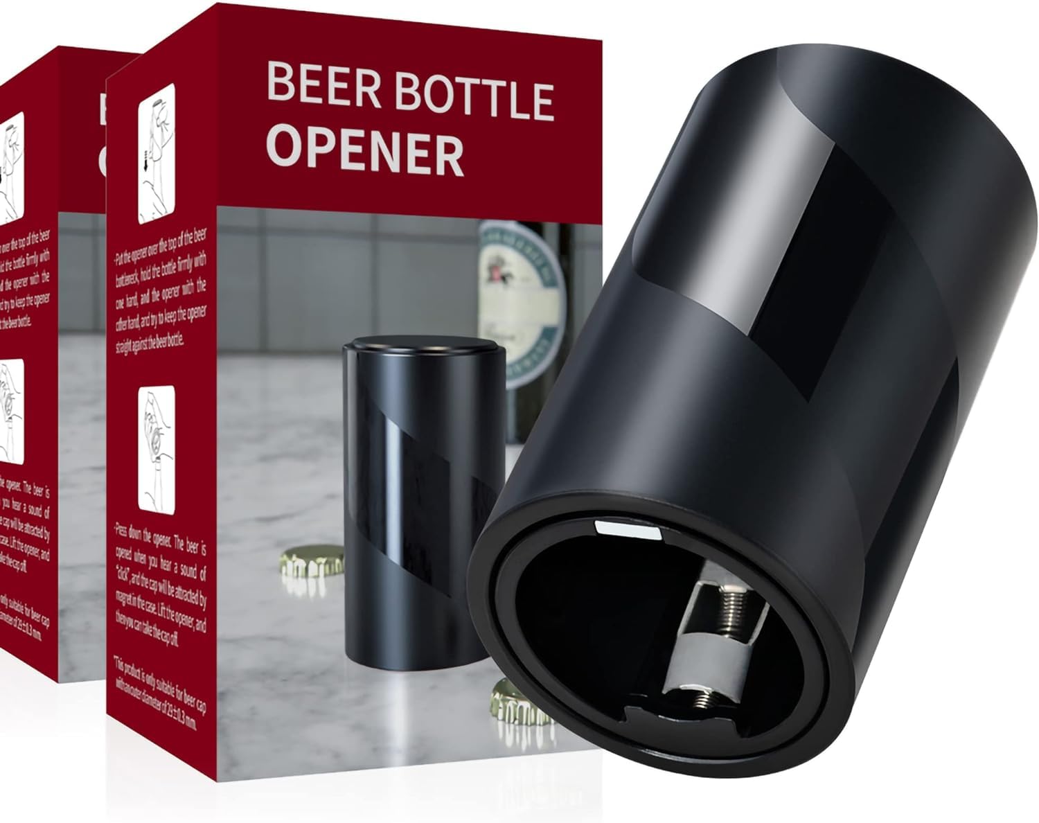 2 Pack Push Down-Pop Off Beer Bottle Opener with Magnetic Cap Catcher No Damage to Caps,Automatic Decapitator Beer/Soda Magnet Bottle Top Openers,One-Hand Easy/Funny Open,Cool Bartender Tools (Black)