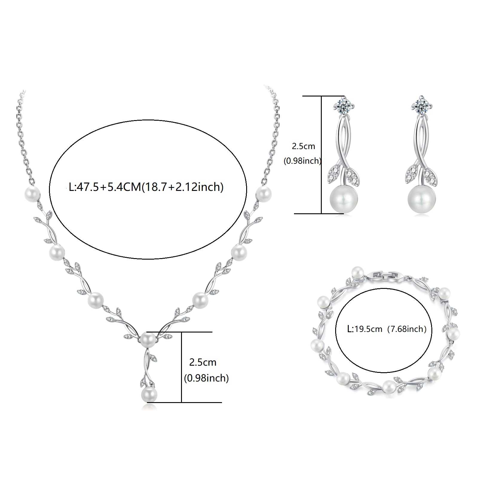 Hochzeit Schmuckset Silber Damen, Halskette Armband Ohrringe in Form eines Blattes mit Perlen und Zirkonia, Hochzeitstag Geschenke für Braut Frauen