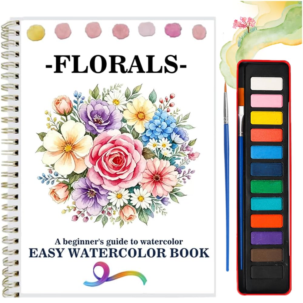 Watercolor Workbooks Coloring Book Easy Nature Scenes Beginner Friendly Watercolor Paint Set Art Crafts Painting Kit for Creative Exploration Gift for Adults Beginners (Flowers, with Palette)