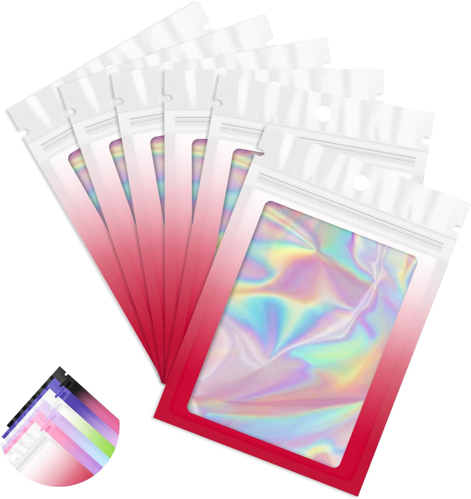 100 Pack Holographic Bags,Mylar Resealable Bags with Zipper,Clear Window Packaging Pouchs,Smell Proof Bag for Food Storage,Sample Jewelry Bag (White Red, 4x6 Inch)