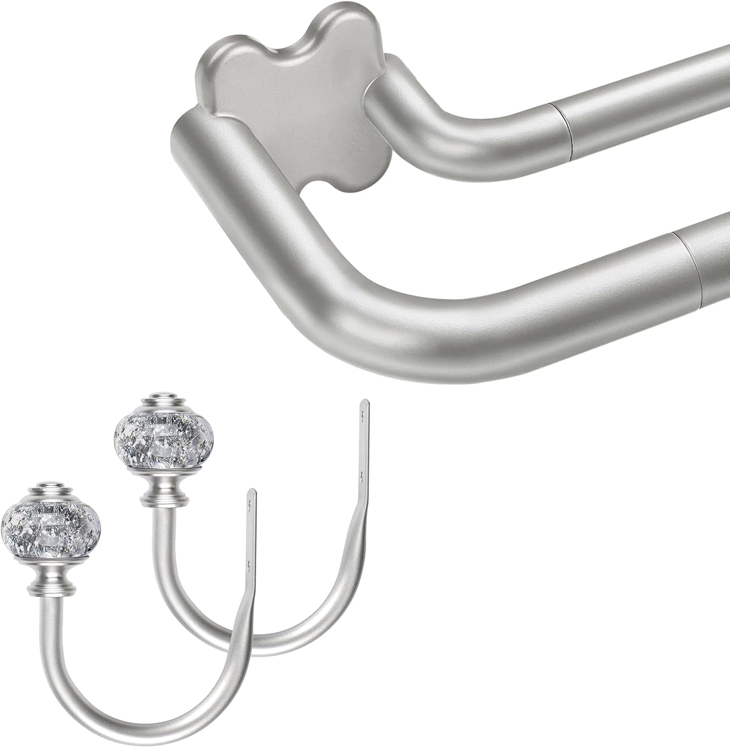 Antique Silver Wrap Around Double Curtain Rods 32 to 115 and 2 Pack Curtain Holdbacks with Silver Translucent Finials(Bundles)