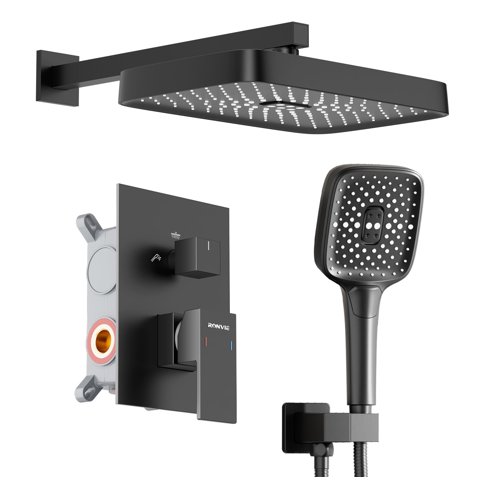 Ronvie Concealed Shower System with 33 x 22 cm Full Body Coverage Rainfall Shower Head, 3 Function Handheld Shower with Rotatable Holder, Solid Brass Valve, 175 cm Shower Hose, Black, Square