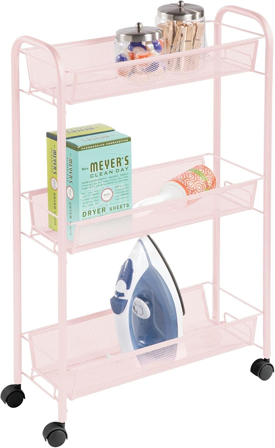 mDesign Portable Rolling Laundry Utility Cart Organizer Trolley with Easy-Glide Wheels and 3 Multipurpose Heavy-Duty Metal Mesh Basket Shelves - Narrow Shelf - Durable Steel Frame - Light Pink/Blush