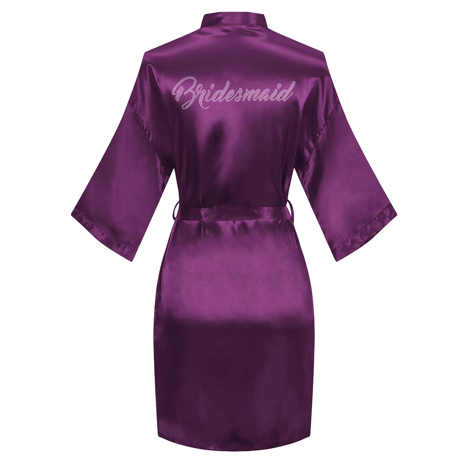 Women's Satin Robe Bride Bridesmaid Short Kimono Robes with Silver Rhinestones for Wedding Party Getting Ready