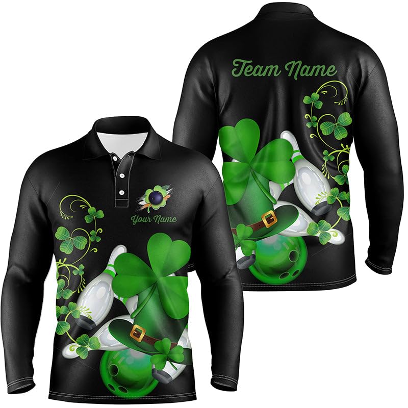 Herren & Damen Bowling Shirt mit Viertelreißverschluss, Grünes Kleeblatt Design, Individuell Gestaltetes Schwarzes Team Jersey für St. Patrick's Day N7195
